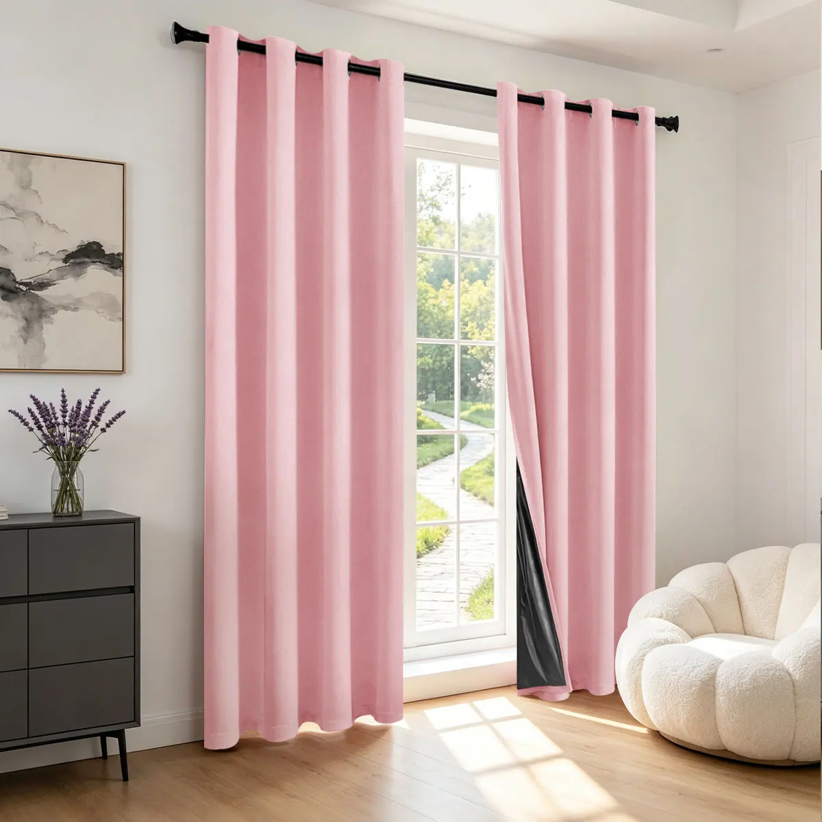 Blush Pink Grommet Curtains with Black Liner, Matte Textured Light Blocking Drapes for Girls Bedroom Living Room Decor