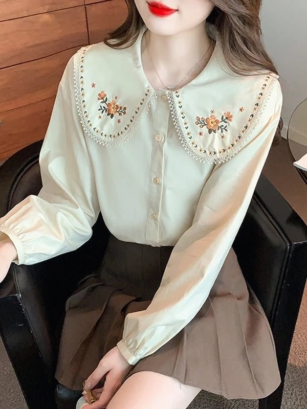 التطريز بيتر بان طوق قمصان طويلة الأكمام النساء الكورية Vintage الطلاب البلوزات الفتيات النقية الإناث شيك القمم Y2K خريف جديد