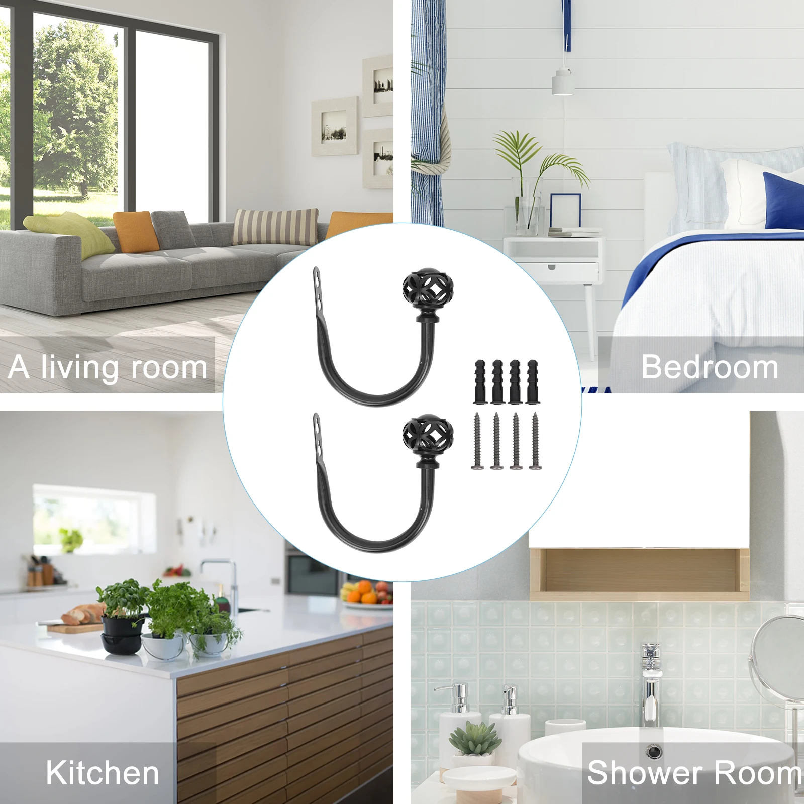 

2 Pcs Black Iron Curtain Hooks Holdbacks Double Wall Tiebacks U Shape Home Decor Glossy Finish Corrosion Resistance Easy