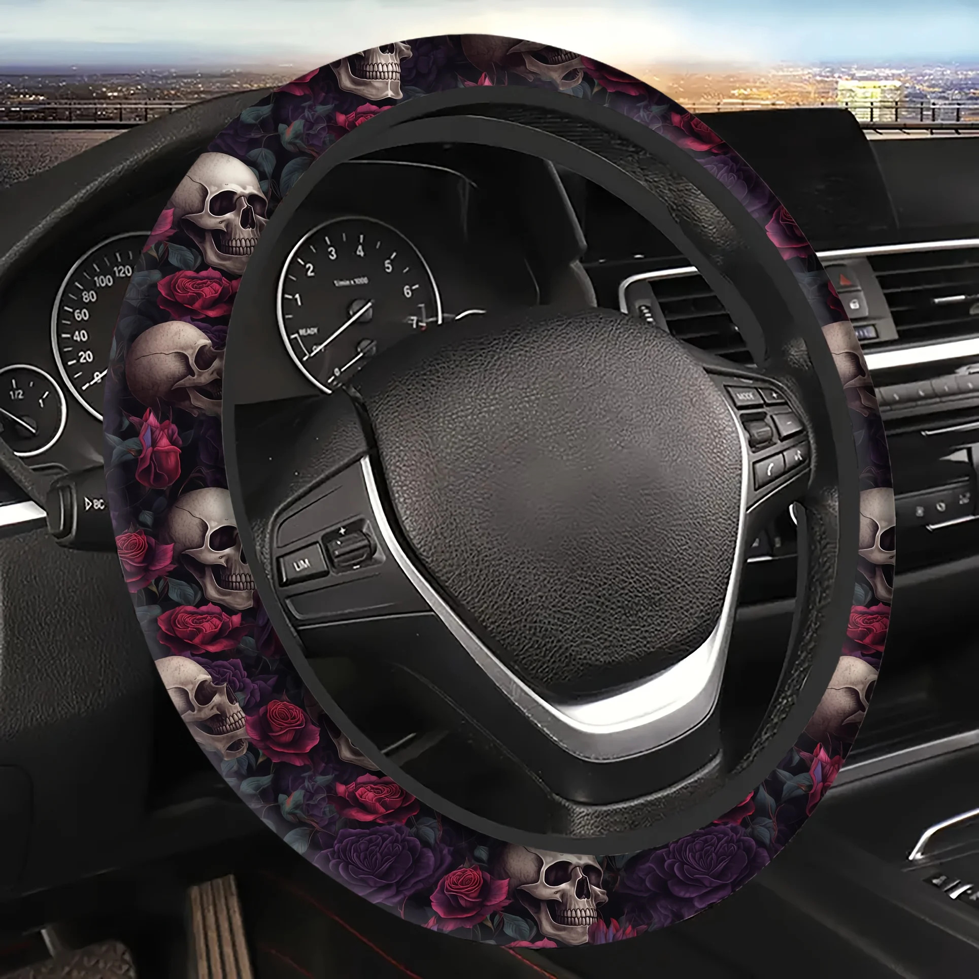 Bohemian Style Rose And Skull Printed Steering Wheel Cover - 15 Inch Universal Fit, Non-Slip, Absorbent, And Durable For All Veh