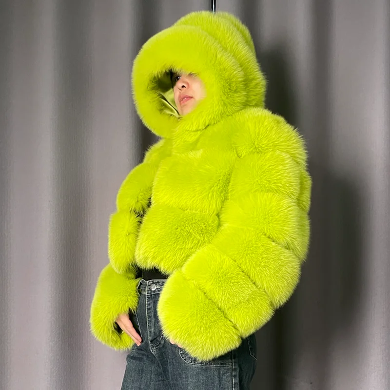 

Winter Warm Real Fox Fur Crop Top Jacket Hooded Fluffy Soft Black Fur Fashionable Cozy Outerwear