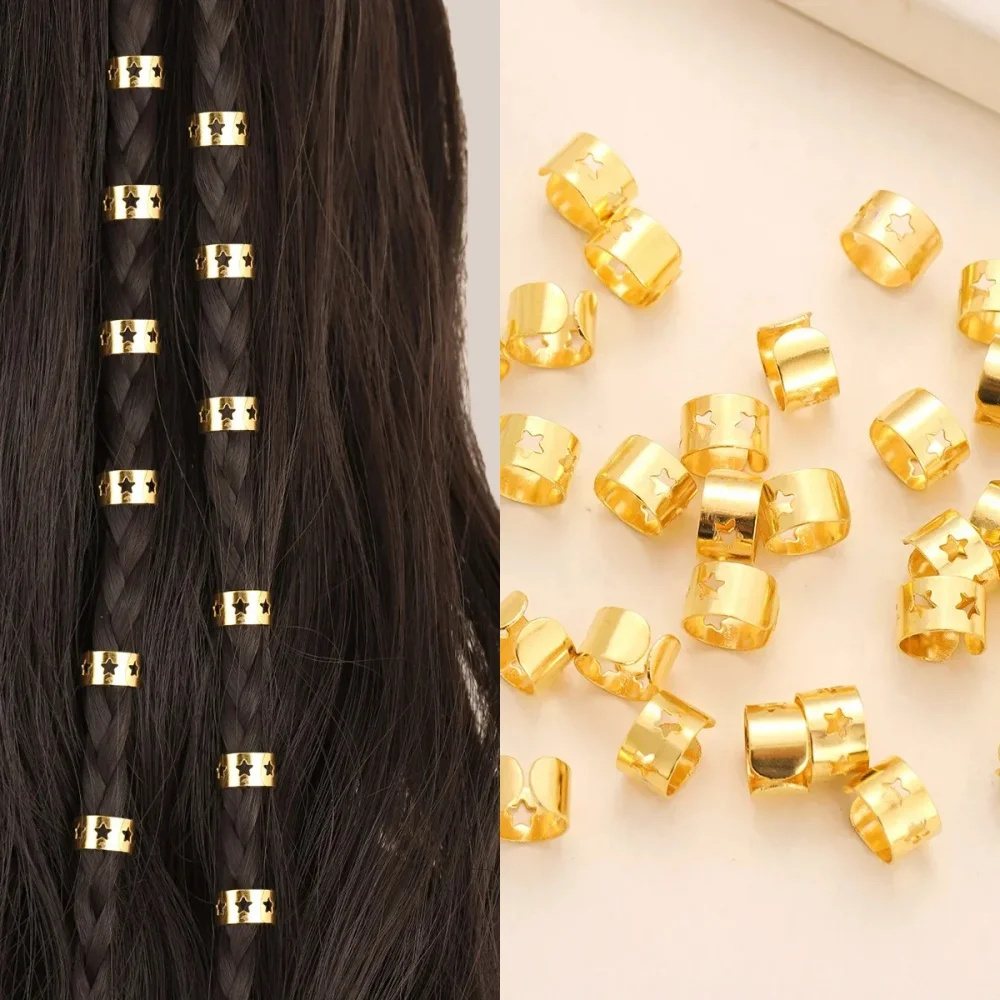 30Pcs/set Star Silver Gold Plated Hair Ring Braid Dreadlocks Hole Micro Beads Adjustable Cuff Clip Hair Braid Styling Tools 2025