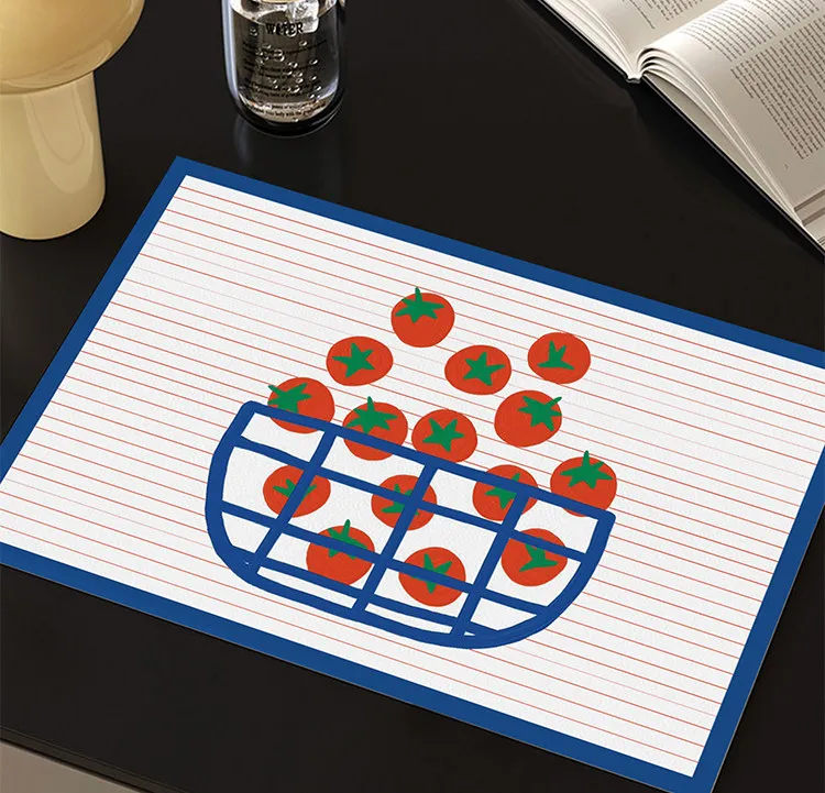 VIKAMA Minimalist Tomato Blueberry Grid Print Placemat Red Blue Striped Waterproof Non Slip Kitchen Dining Counter Pad