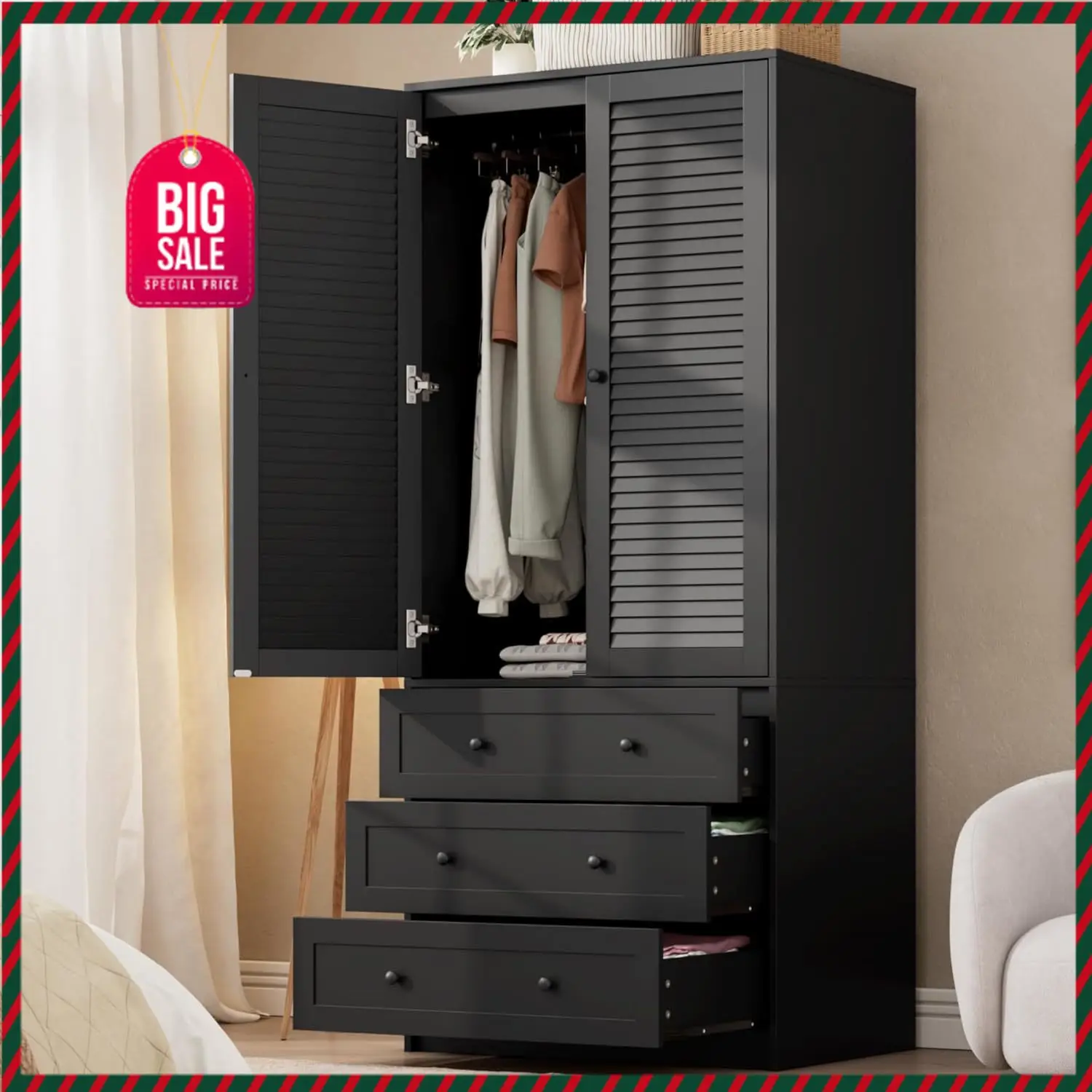 

Шкаф-гардероб с ящиками, 69,5 дюймов, деревянный шкаф с вешалкой, 2-дверный шкаф для хранения одежды для спальни