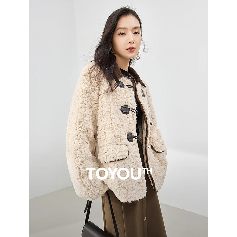 Toyouth Women Plush Coat 2023 Winter Long Sleeve Lapel Loose Jacket Cow Horn Buckle Fashion Warm Soft Khaki Clothes Tops