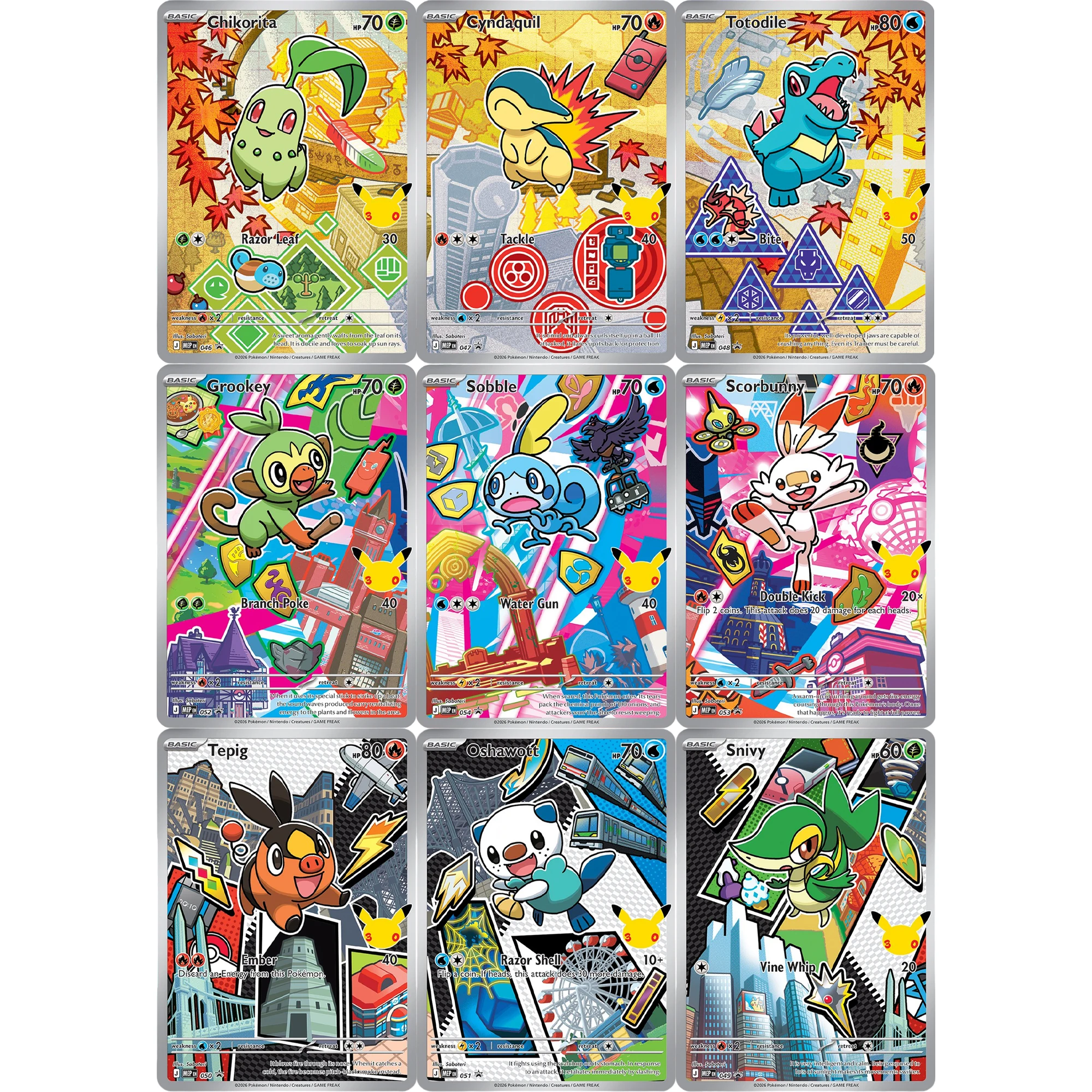 

9Pcs/set Ptcg 30Th Anniversary Totodile Cyndaquil Chikorita English Flash Card Diy Self Made Classic Anime Collection Card Toy