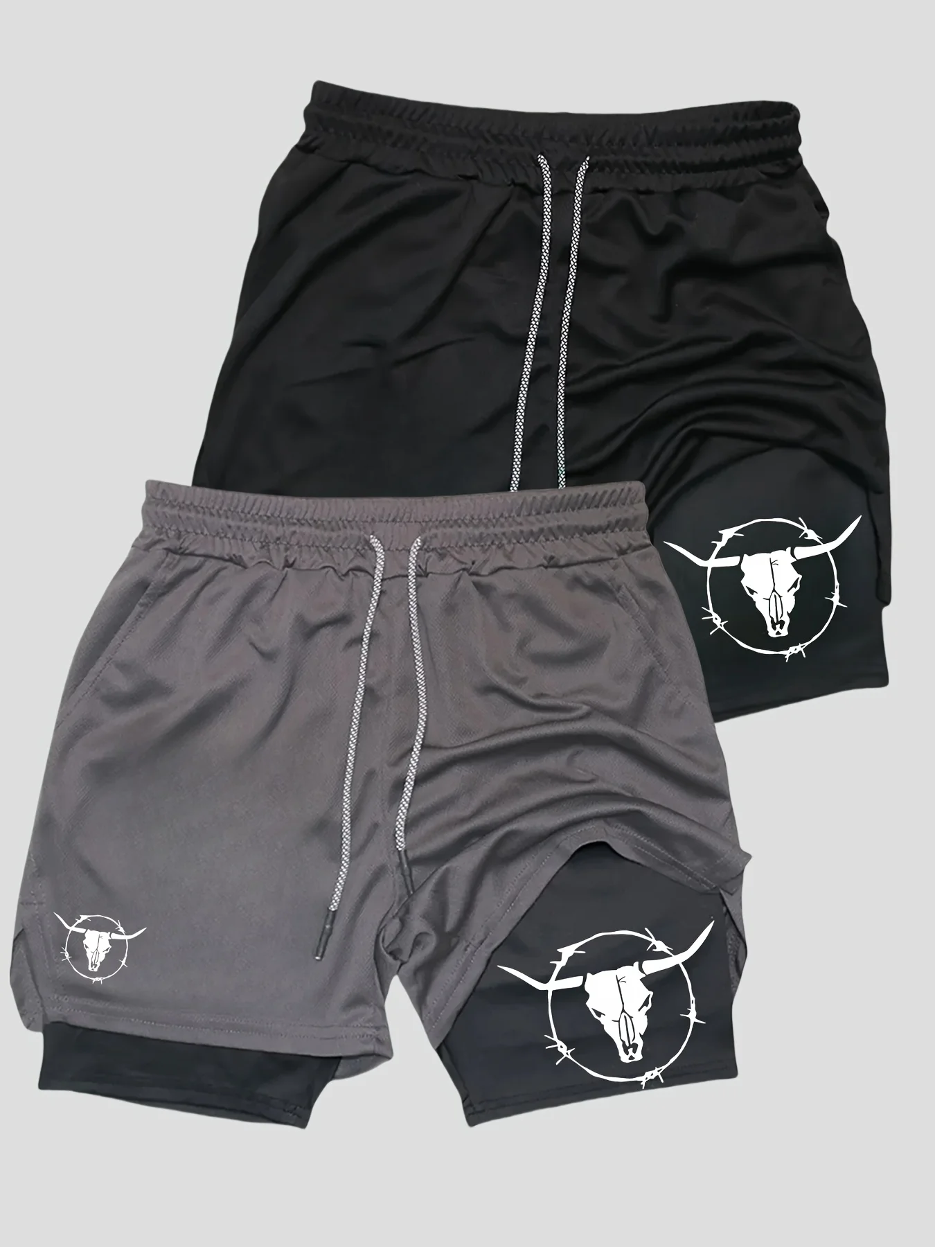

2pcs 2-in-1 Double Layer Colorful Bull Print Men's Casual Sports Shorts Waistband with Suitable for GymFeatures Phone Pocket