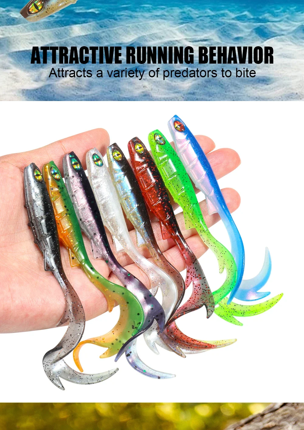 Spinpoler 3D-Augen-Angelköder, 9,5 cm, Softbait, gewellter Schwanz, Köderfisch, Rippenkörper für Zander, Hecht, raubere Fische, Spinning-Jigging-Gerät – Detail 5