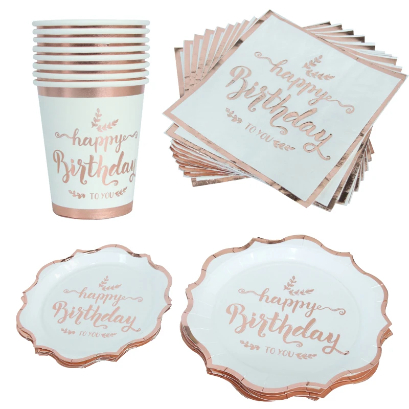 Rose Gold Happy Birthday Party Disposable Tableware Rose Gold Paper Plates Cups Napkin Ladies 18 21 30 40th Birthday Party Decor