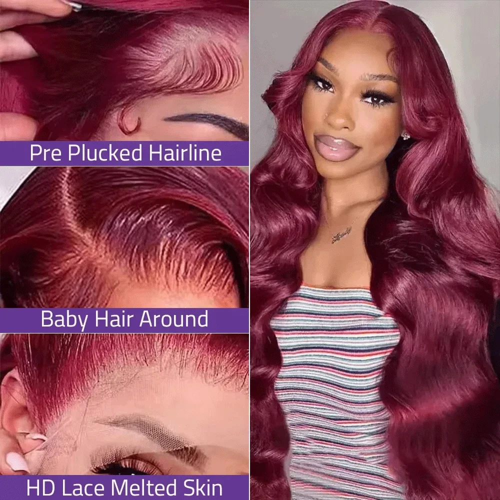 200% الكثافة 13x6 الدانتيل الجبهة 100% باروكة من شعر طبيعي 99J بورجوندي 30 40 بوصة Hd شفافة الجسم موجة الدانتيل الباروكات الأمامية قبل قطعها