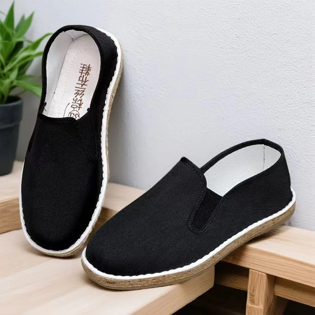 Wear-Resistant Breathable Slip-On Cloth Shoes Non-Slip Elastic Men's Black Chinese Style Palm Fiber Shoes (Spring/Summer)