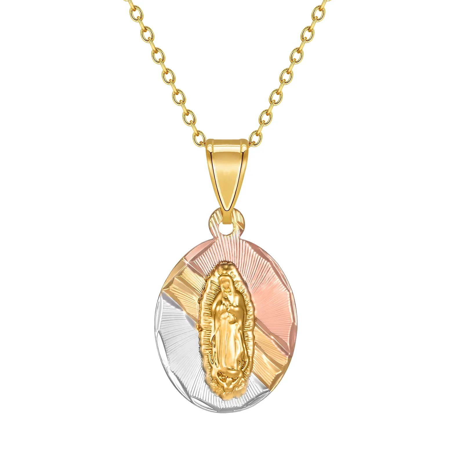 Tri-Color Gold Plated Virgin Mary Guadalupe Charm Pendant Necklace for Women Gift