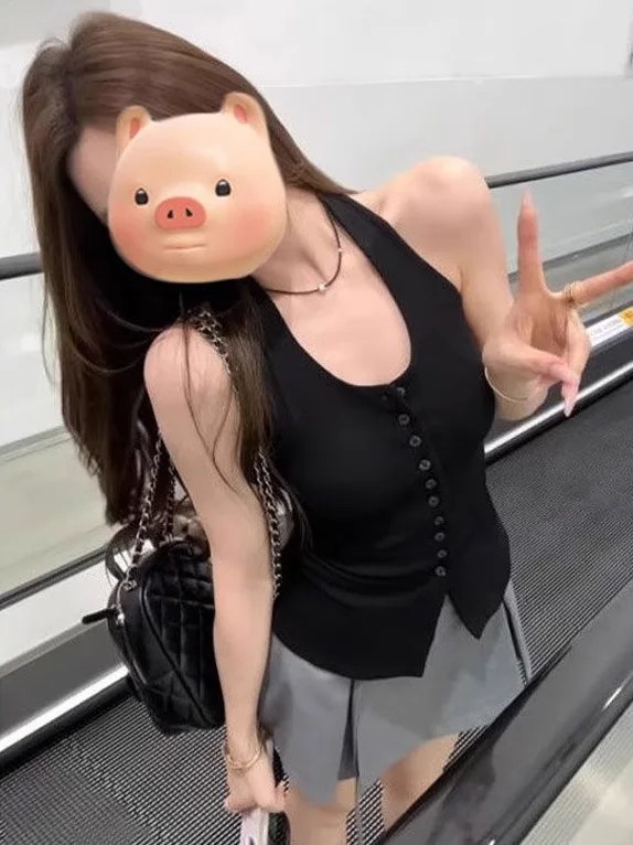 

Fashionable Spicy Girl Pure Desire Hanging Neck Slim Fit Sleeveless Top Women's Summer New Single Button Strap Vest