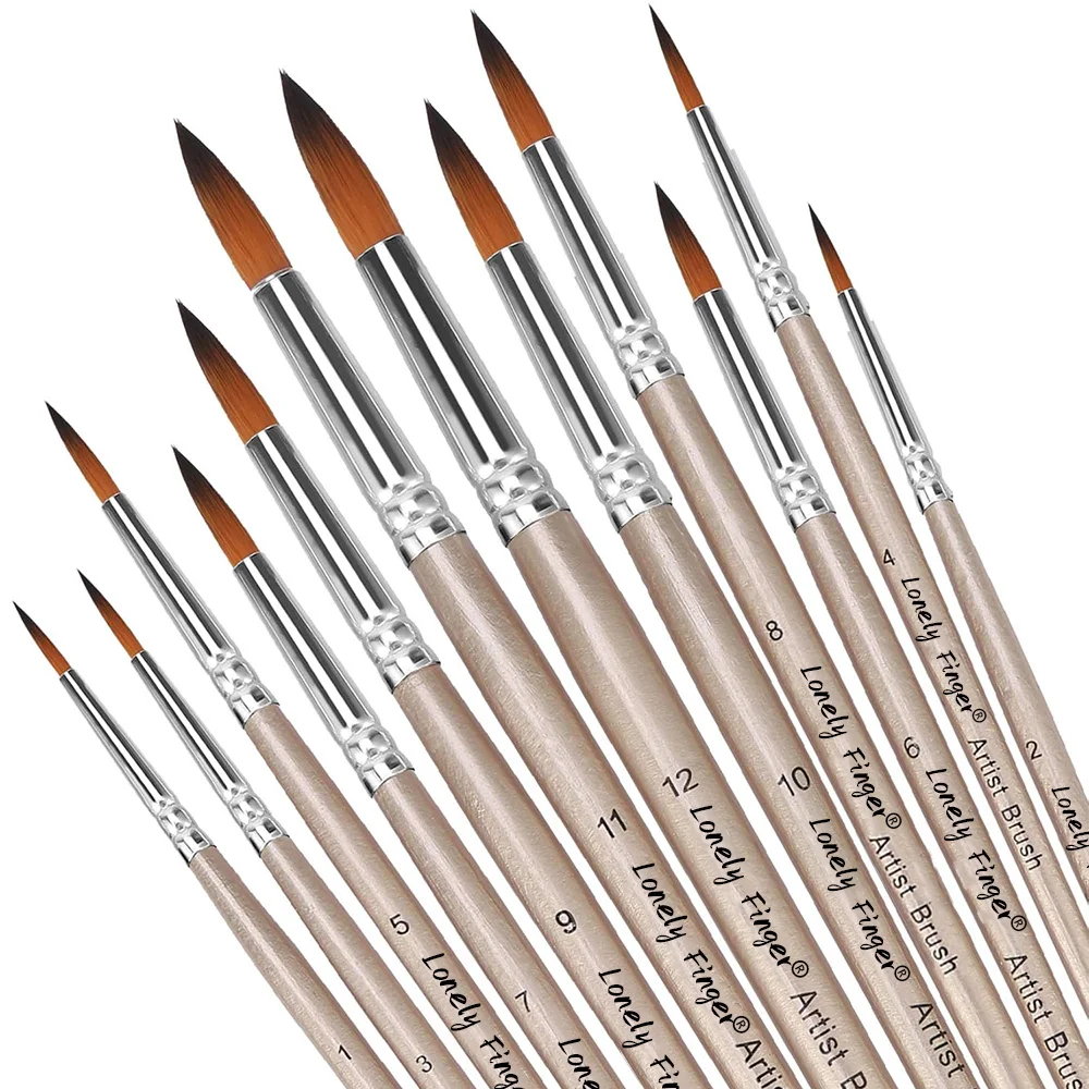 12 pcs Brush Round Pointed Tip Nylon Hair Artist Acrylic Brush for Acrylic Watercolor Oil Painting Body Paint