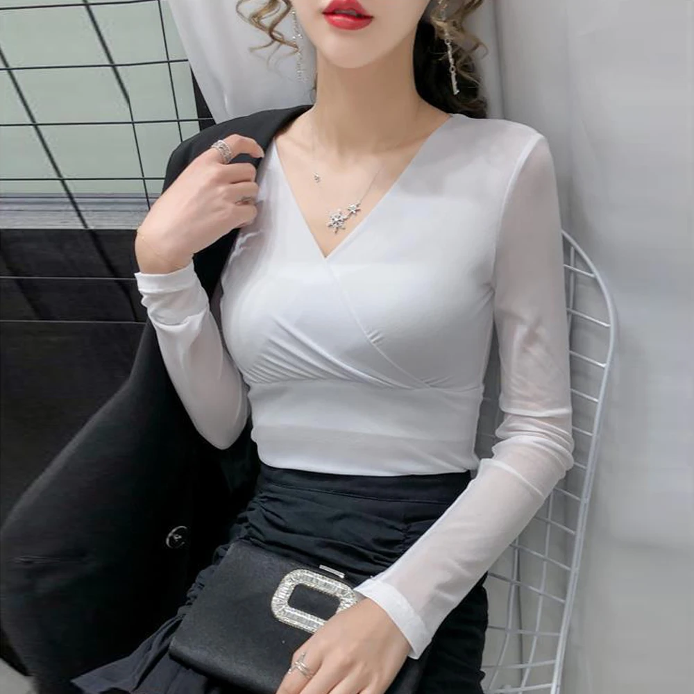 

4XL New Autumn Fashion Basic V Neck Women T-shirt Long Sleeve Slim Stretch Tops Ladies Sexy Tees Peacock Red Purple Black White