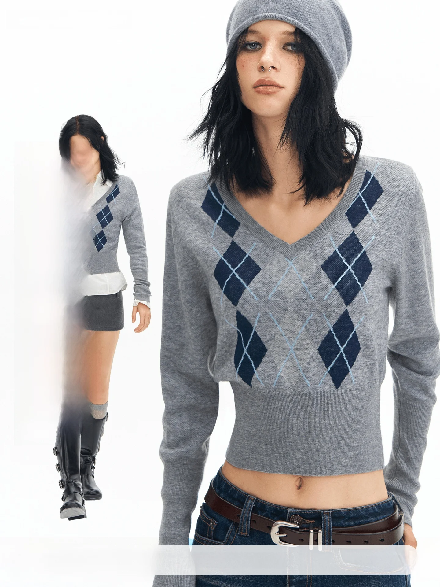 

Женский вязаный свитер Original Deleteex London Series в стиле ретро, шерстяной, с V-образным вырезом, укороченный, с узором в ромбы, с завышенной талией