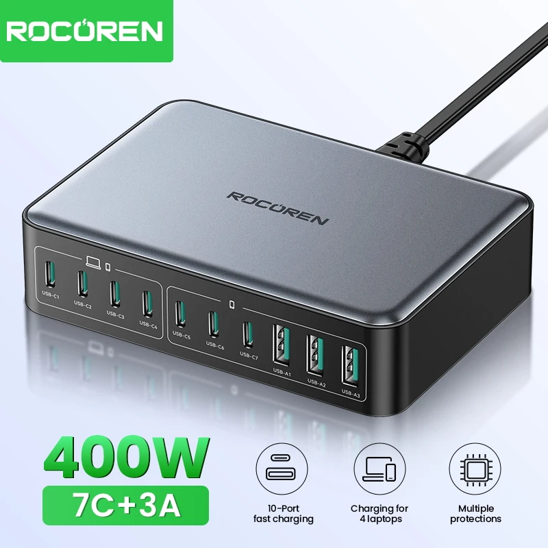 

Зарядная станция Rocoren 480W USB C, 10 портов, Type C, GaN зарядное устройство, быстрая зарядка GaN USB, настольная зарядная станция для MacBook, iPhone 17
