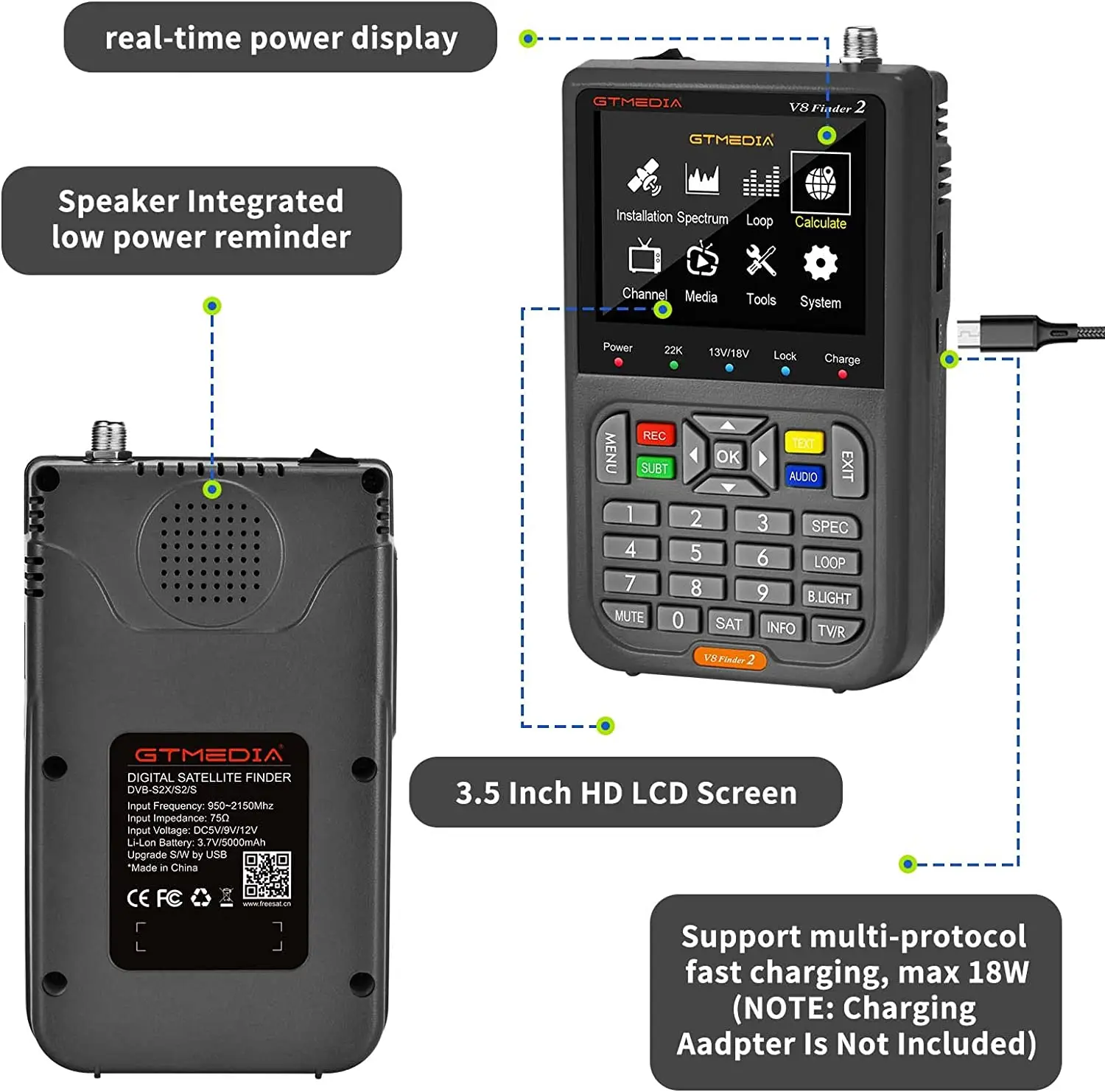 Imagem -06 - Bolsa Satélite Finder Medidor Tela Lcd Tft de Alta Definição H.264 vs Ws6933 1080p 3.5 Dvb-s s2 S2x Gtmedia-v8 Finder2 +