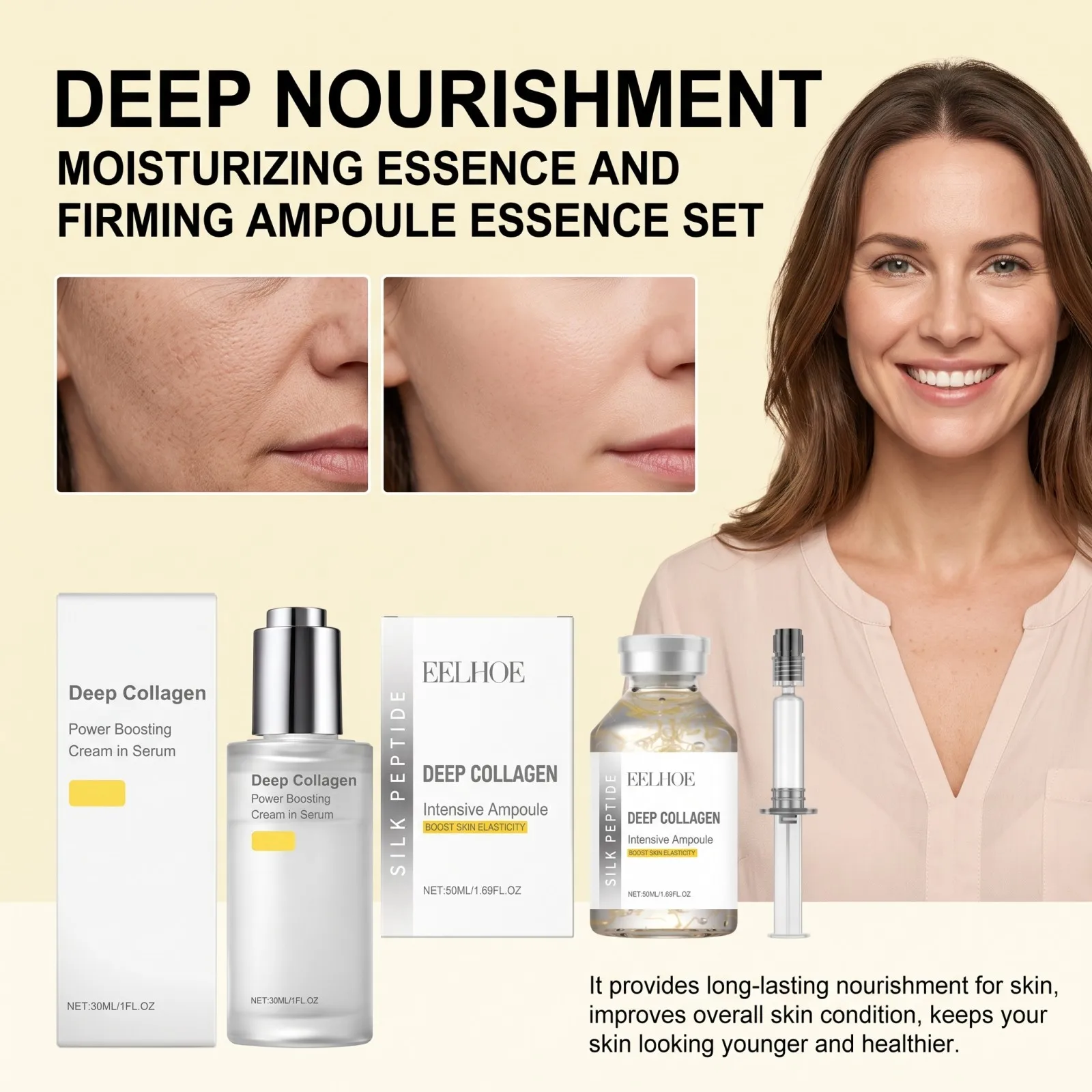 Deep Collagen Silk Peptide Intensive Lifting Ampoule & Retinol Cream Set Tighten Skin Elasticity Enhanced Reduce Fine Lines