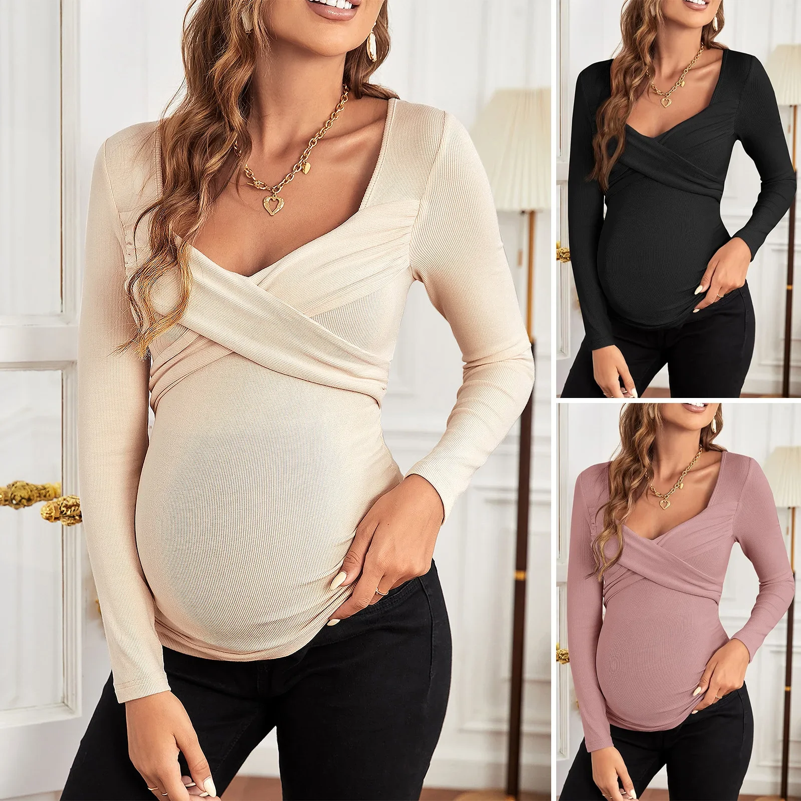 

Hot Selling Pregnant Women's Across V Neck Wrapped Long Sleeve Ribbed V-neck Nursing Tops Maternity Tees Autumn Slim Youth Y2k