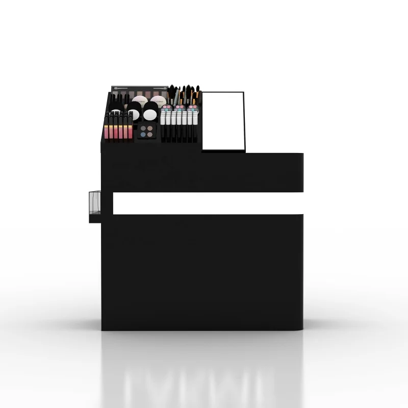 

custom.Custom retail salon beauty store design wood paint black counter cosmetics display stand with mirror