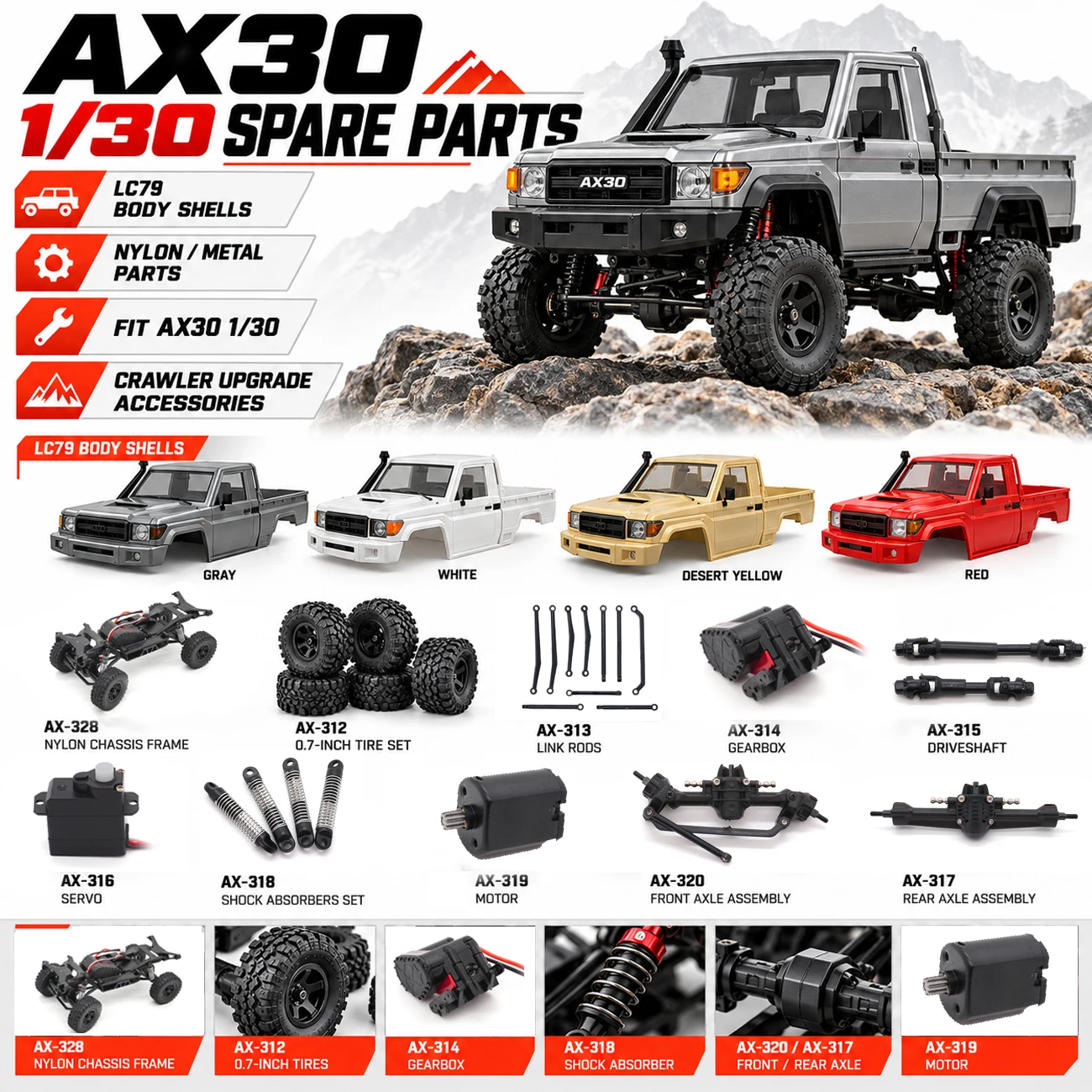 1:30 AX30 RC Car Frame Kit Nylon Drive Shaft Gearbox Servo Front Rear Axle CVD Shock Absorbers Tires Car Shell DIY Upgrade Parts