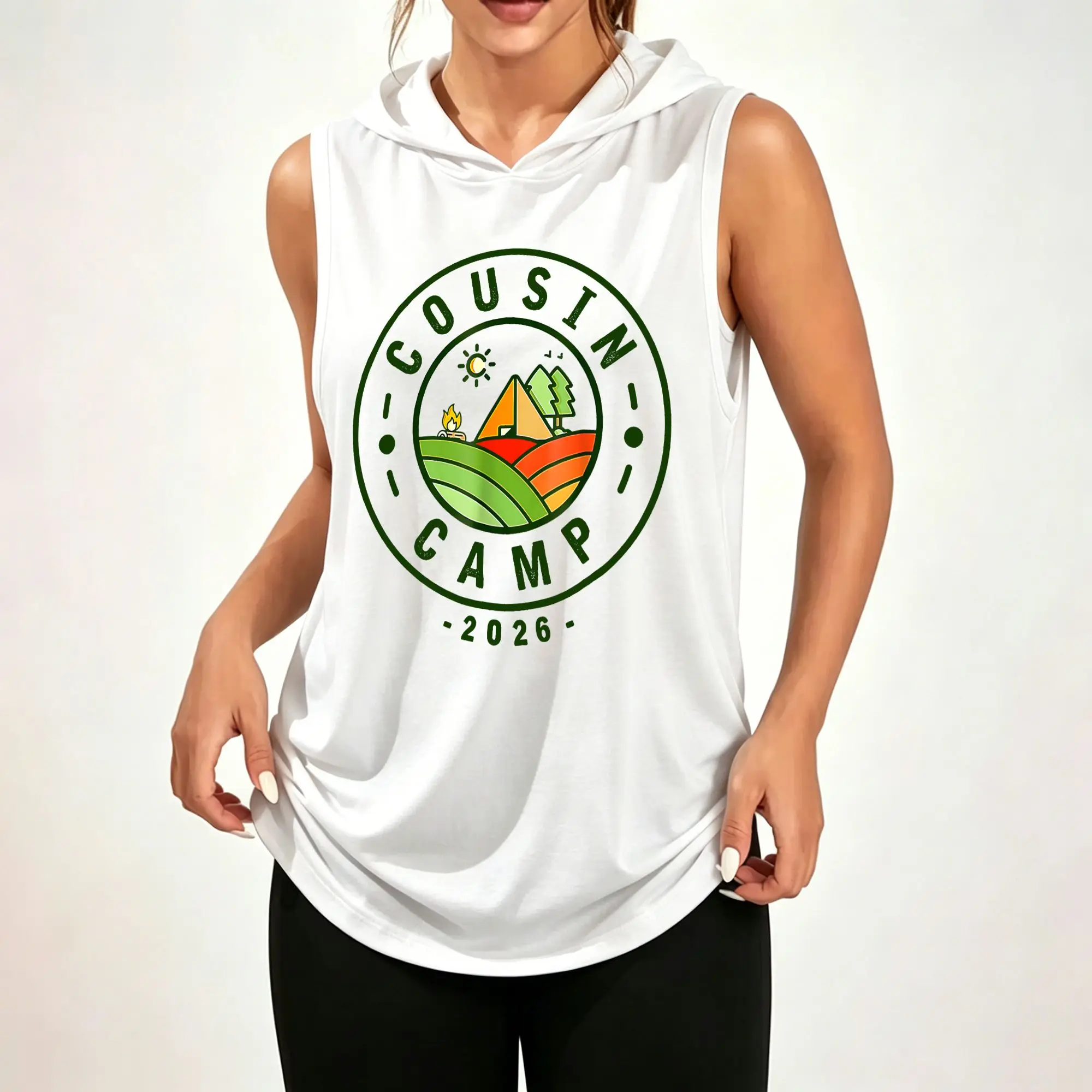 Women's Sleeveless Hoodie, Cousin Camp 2026 Camping Tent Mountain Tree Circular Logo Graphic Print Casual Hooded Tank Top