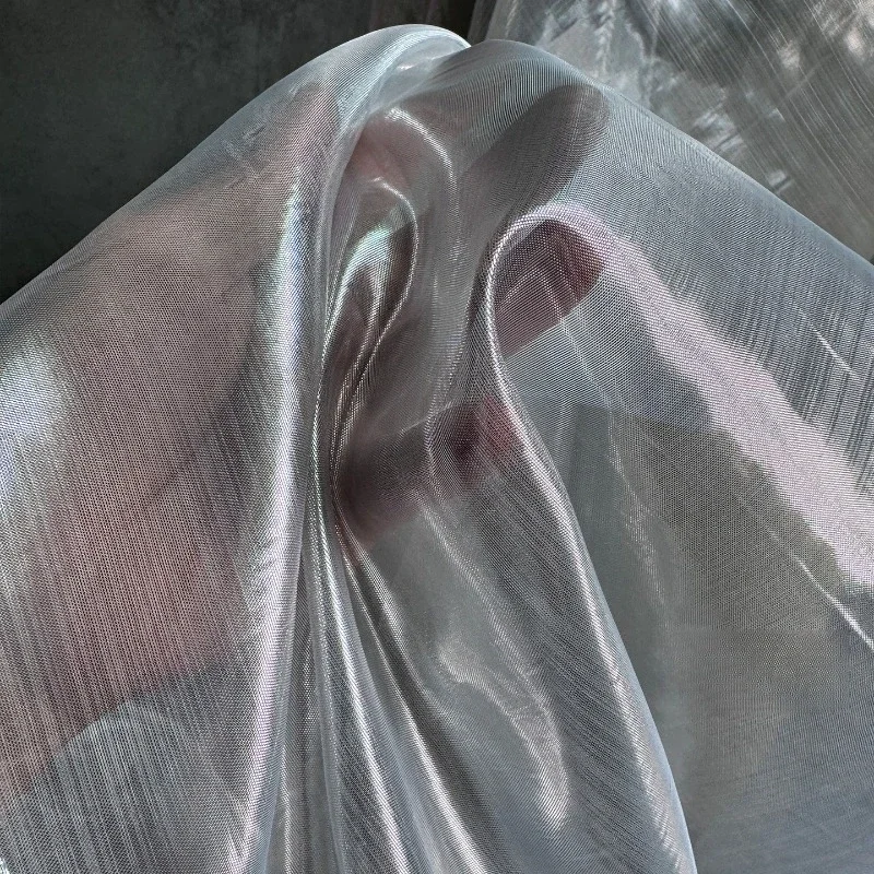 Iridescent Laser Tulle Fabric Transparent Silver Shiny Organza, Lightweight Mesh Cloth for Costume Wedding Veil Craft DIY