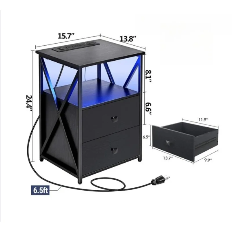Modern simple bedside table, color-changing light with bedroom small with row insert iron wood structure side table