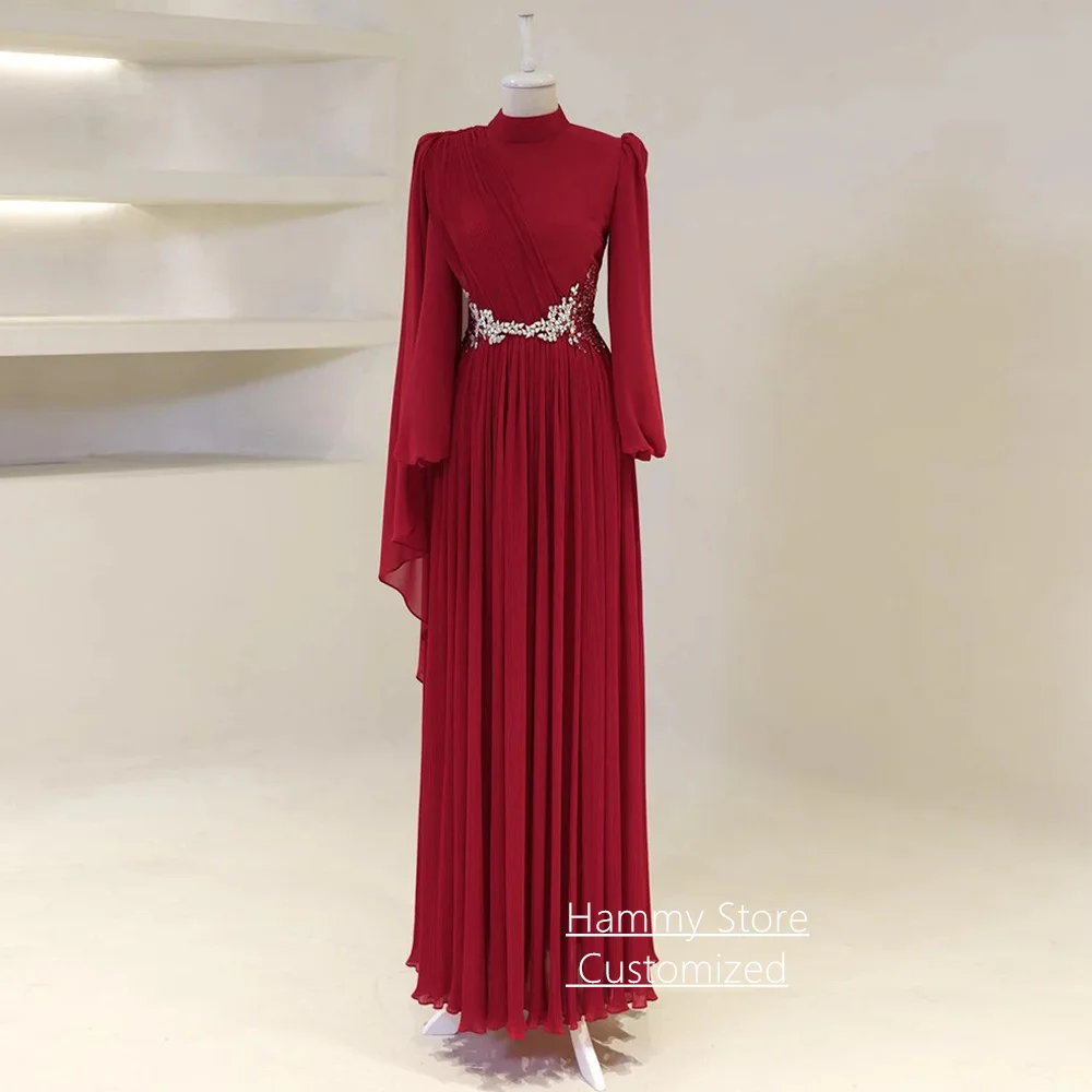 

Modest Islamic Evening Dress Customized High Neck Puff Sleeves Crystal Stone Pleat Chiffon Formal Prom Dresses Party Gown