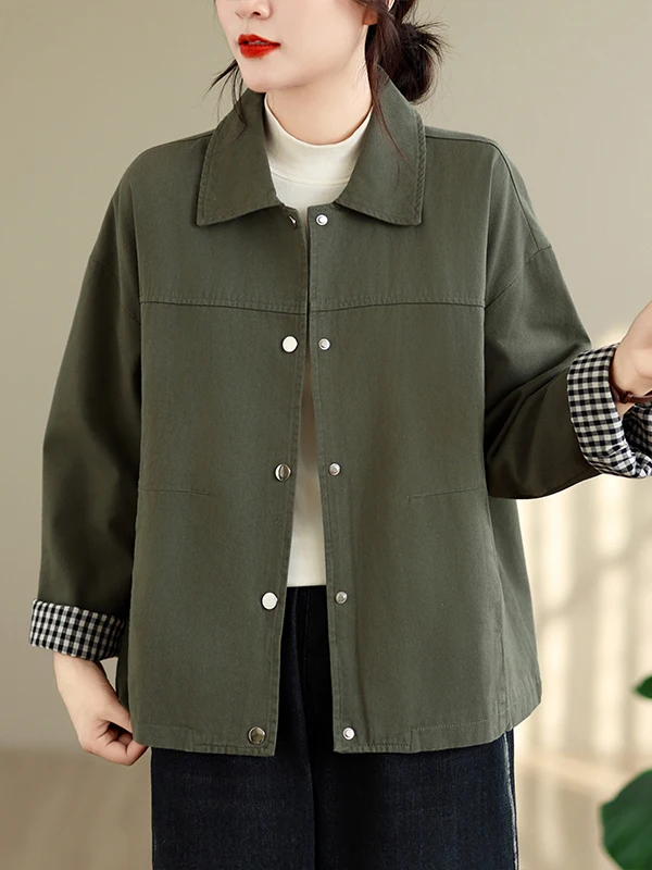Artistic Short Cotton Jacket Women's Loose Fit Casual Long Sleeve Turn-down Collar Windbreaker Spring Autumn Large Size
