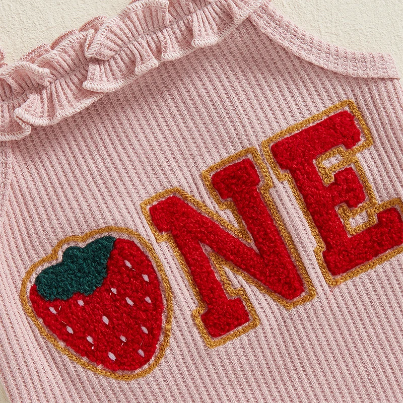 Baby Girl Birthday Outfits Strawberry Letter Embroidery Frills Waffle Sleeveless Romper Shorts Headband 3Pcs Clothes Set