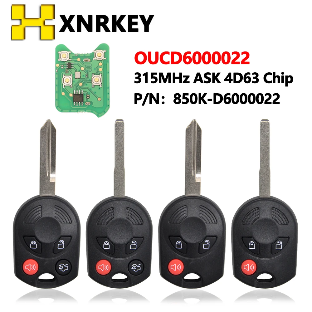 

XNRKEY FCCID OUCD6000022 Remote Car Key Fob For Ford C-Max Edge Escape Focus Lincoln Mazda Mercury 3/4 Button 315Mhz 4D63 Chip