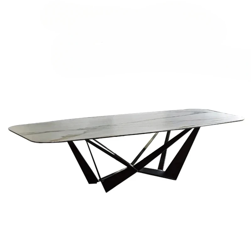

Designer Kitchen Dining Table Nature Stone Texture Black Finish Iron Apartment Villa Furniture Modern Marble Table Dining Room