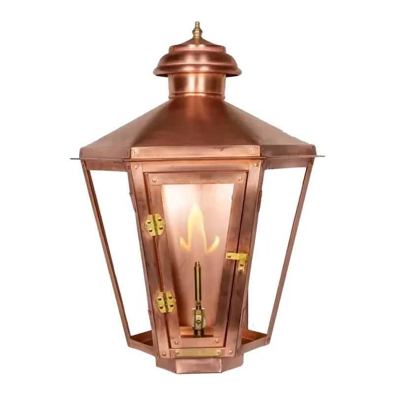 Handcrafted From Copper with Glass Panels Hexagonal Lantern Wall Sconce Vintage Outdoor Wall Lamp for Exterior Villa