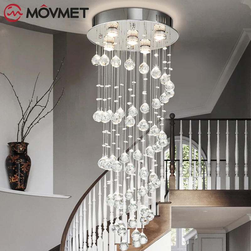 

Crystal LED Ceiling Light Staircase Pendant Lamp Stainless Steel Glass Chandelier Hanging Villa Living Room Duplex Hall Romantic