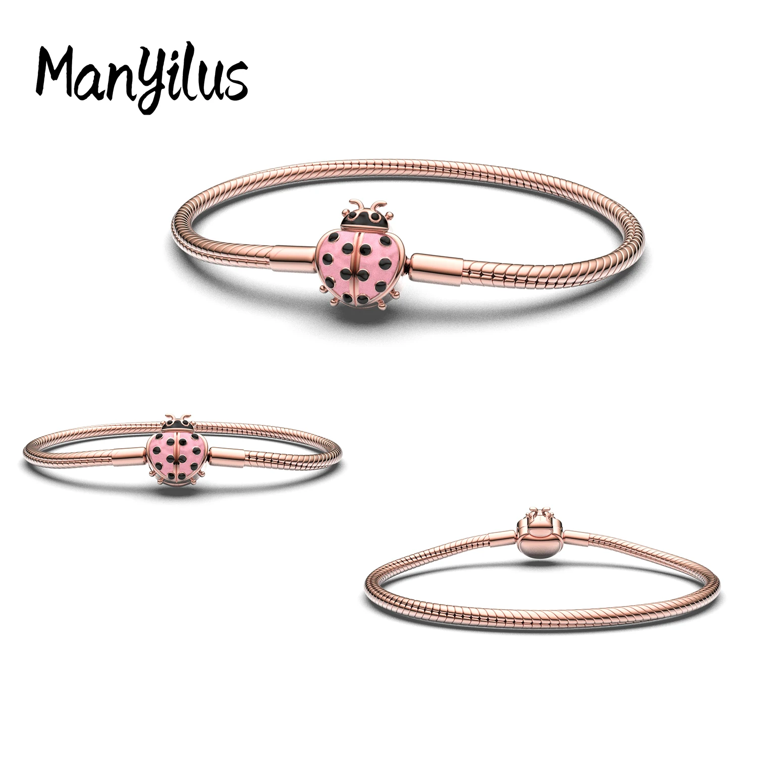 Manyilus 925 Sterling Silver Ladybug Snake Chain Bracelet Fits European Charm Pink Enamel Rose Gold Women Jewelry Gift