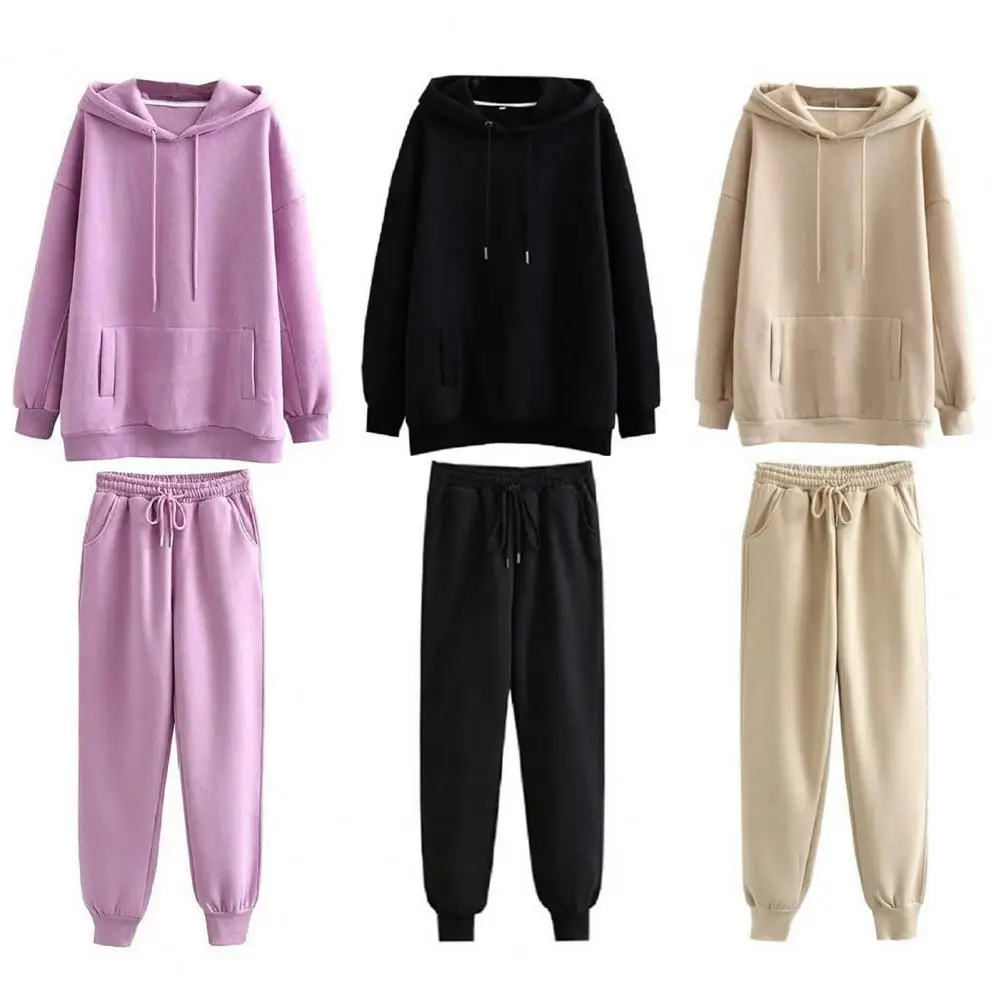 Women Tracksuit Hooded Sweatshirt and Sweatpants Solid Color 2 Piece Set Autumn Winter Warm Casual Female Suit