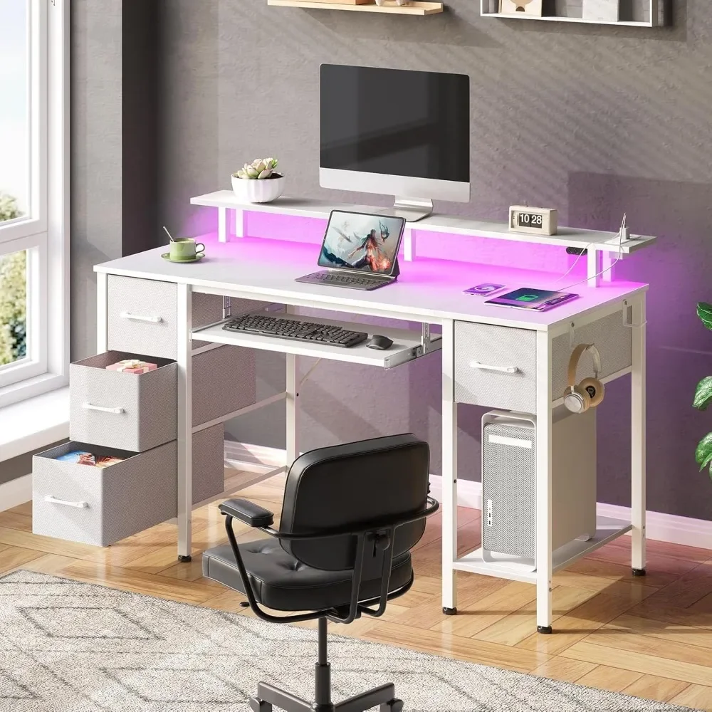 

Computer Desk 47.2" with LED Lights & Power Outlets, Home Office Desk with 4 Drawers, Study Desk with Monitor Stand, White