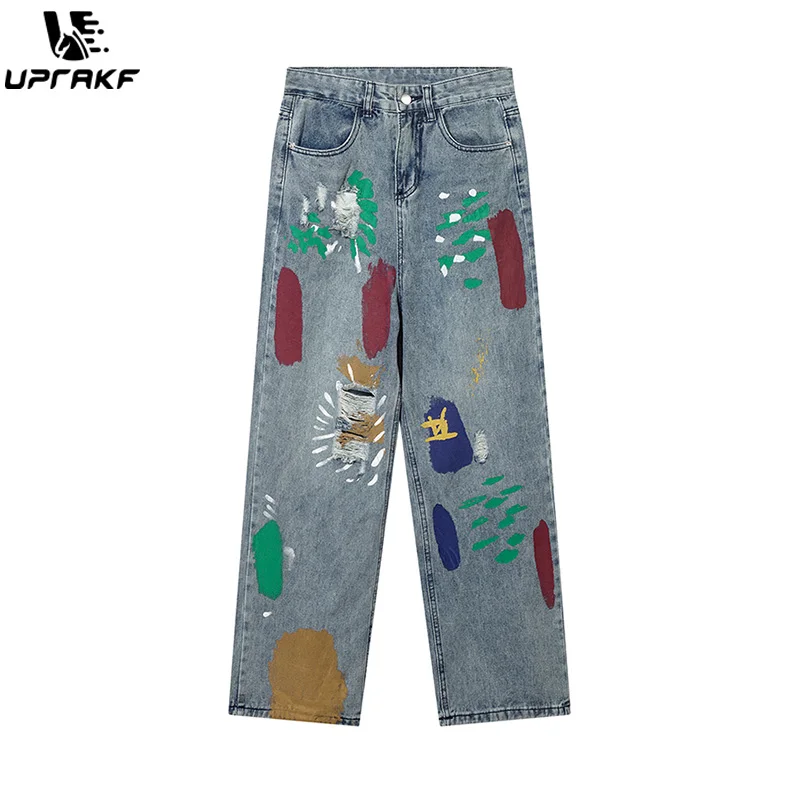 

UPRAKF Colorful Graffiti Jeans Denim Autumn Streetwear Comfort Baggy Wide Leg Hip Hop Basic Pants Casual Pantalones