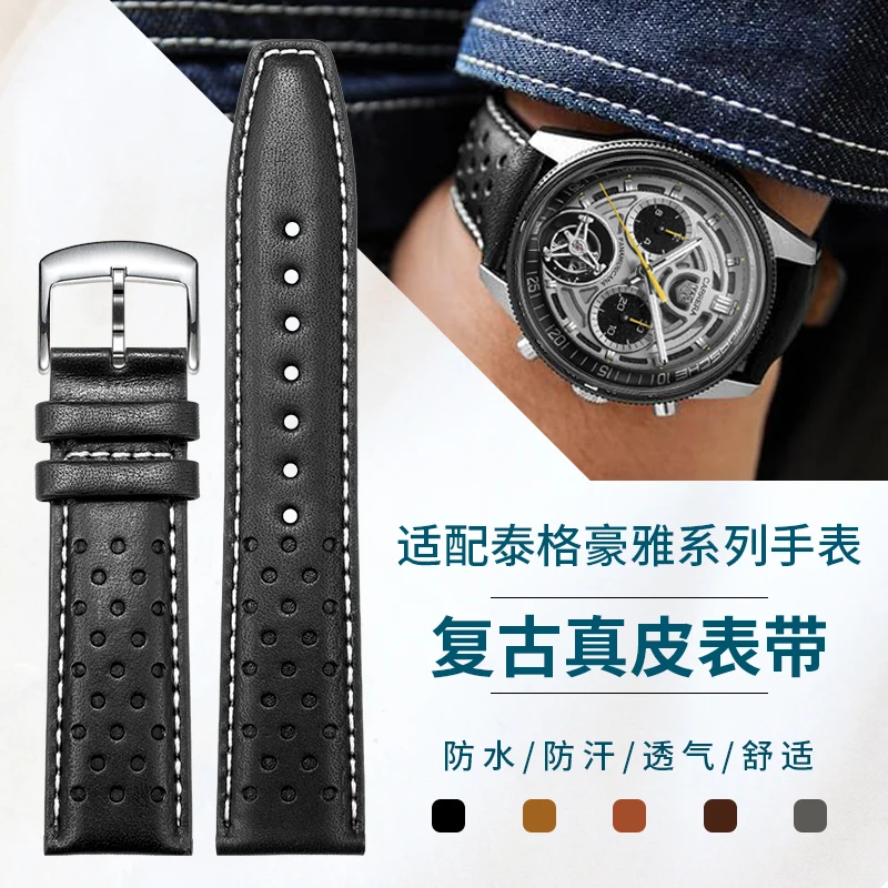 

Ремешок для часов из натуральной кожи, совместимый с Tag Heuer Aquaracer, F1, Monaco, Carrera — винтажный ремешок из воловьей кожи, 22 мм