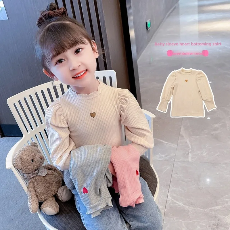

Girls Simple Style Bubble Sleeve Heart Base Shirt Spring Autumn New Fashionable T-shirt Elastic Stripe Top Trendy