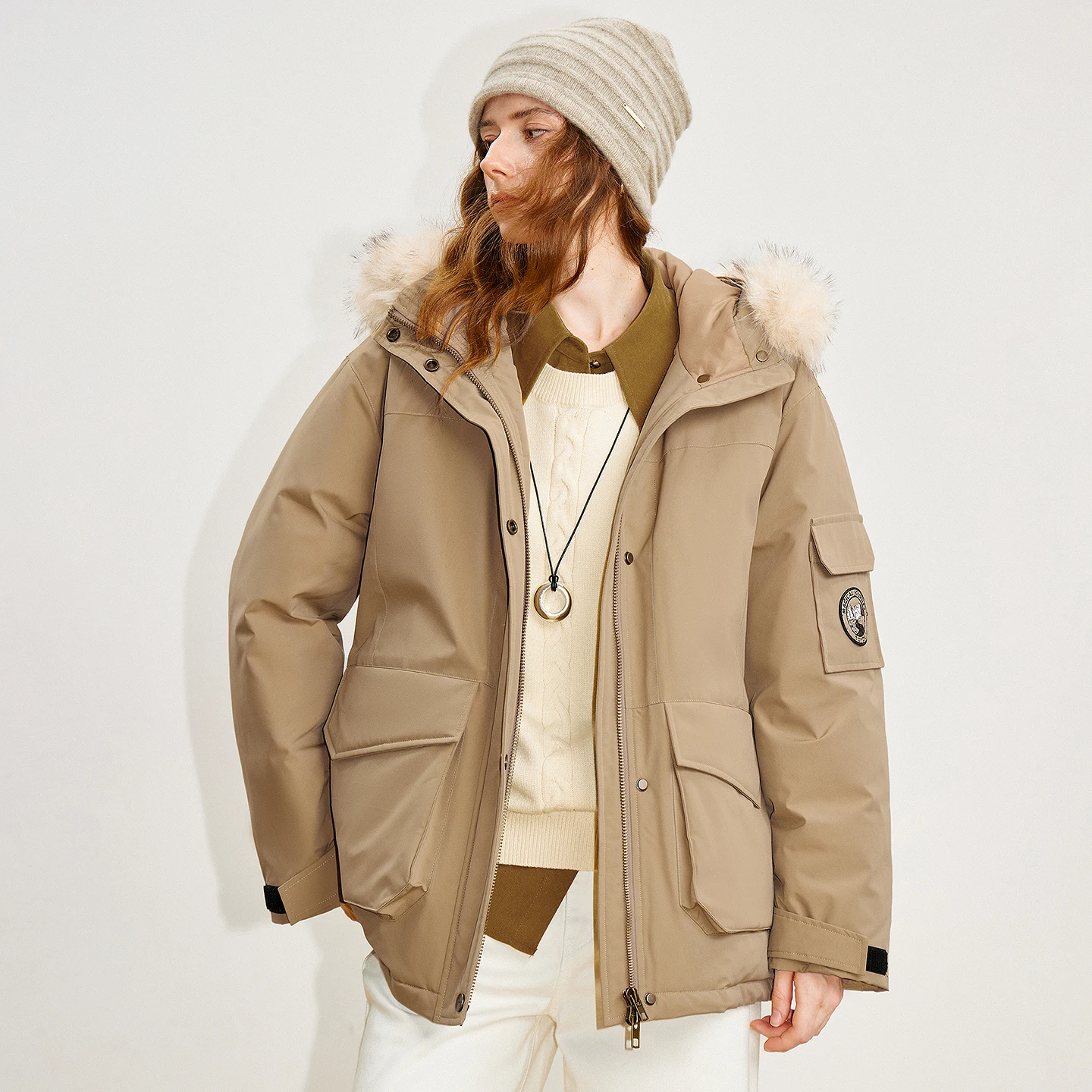 TOYOUTH Vrouwen 90% Donsjack 2025 Winter Nieuwe bontkraag Capuchon Grote Zak Werkkleding Stijl Outdoor Warme Jas Jas