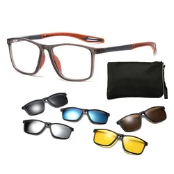 6 in 1 TR Legs Optical Spectacle Big Frame Men Women With 5 Clip On Sunglasses Polarized Magnetic Glasses Eyeglasses Can Custom