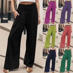 2024 New Spring Summer for Women Pants Office Lady Cotton Linen Pockets Solid Loose Casual White Wide Leg Long Trousers