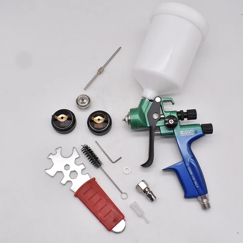 

Professional 4000B HVLP blue spray gun - with 1.3 mm and 1.7 mm stainless steel nozzles and 600cc mixing tank