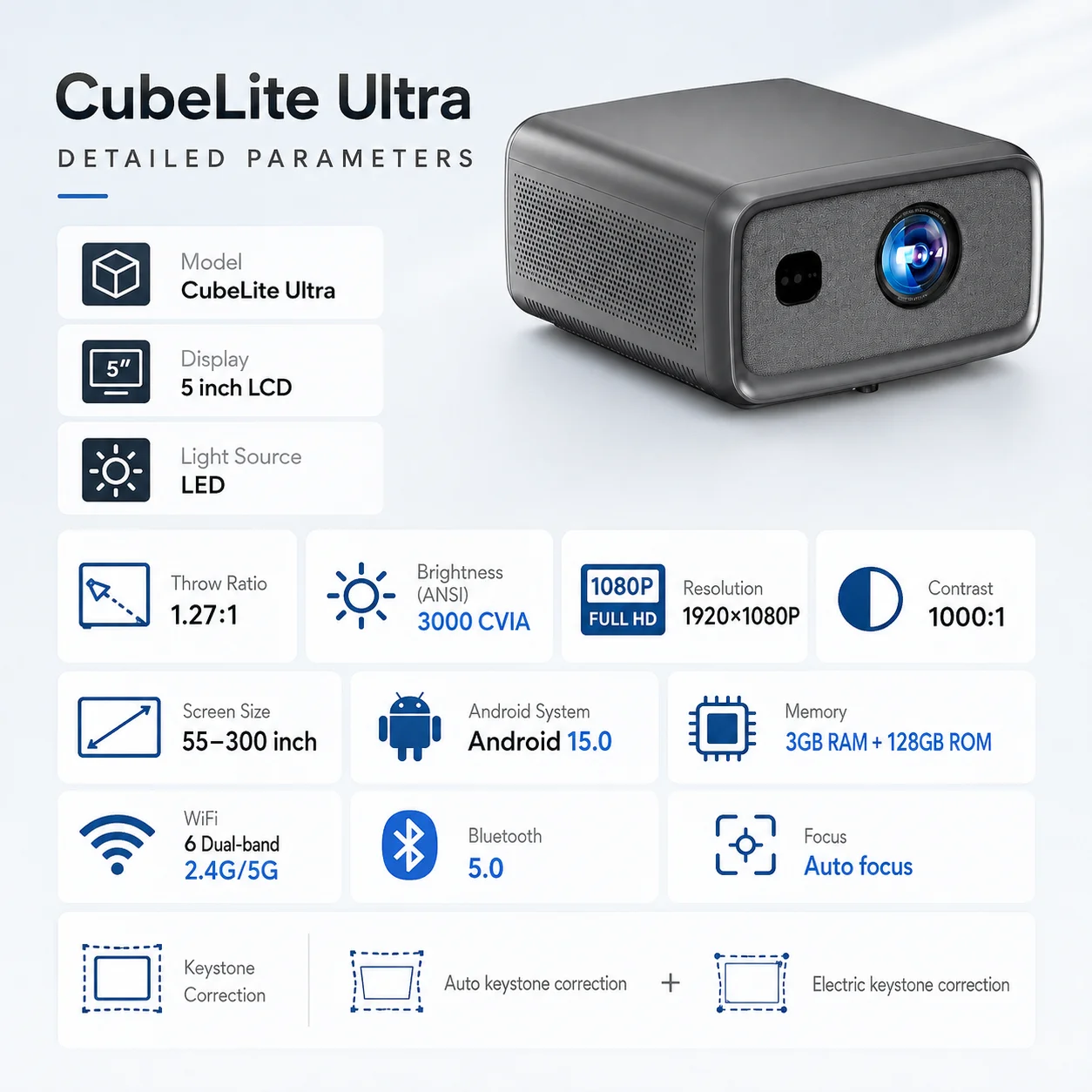 Proyector inteligente CubeLite Ultra 3000 CVIA lúmenes, resolución nativa 1080P Full HD, Android 15, 3GB+128GB, WiFi 6, Bluetooth 5.0