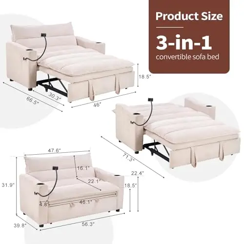 3-in-1 Convertible Loveseat Sleeper Sofa Bed, 2-Seat Pull Out Couch with Cup Holders, Phone Holder and USB Ports, Corduroy