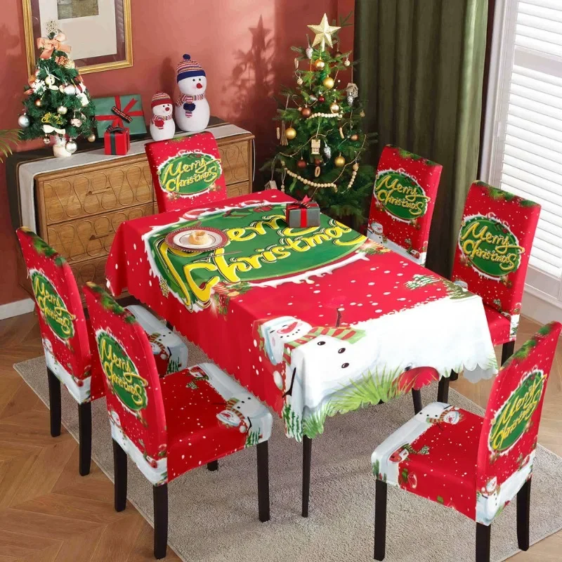 Christmas Waterproof Printed Tablecloth Set Restaurant Home Chair Cover Decoration Includes 6 Chair Covers and 1 Tablecloth