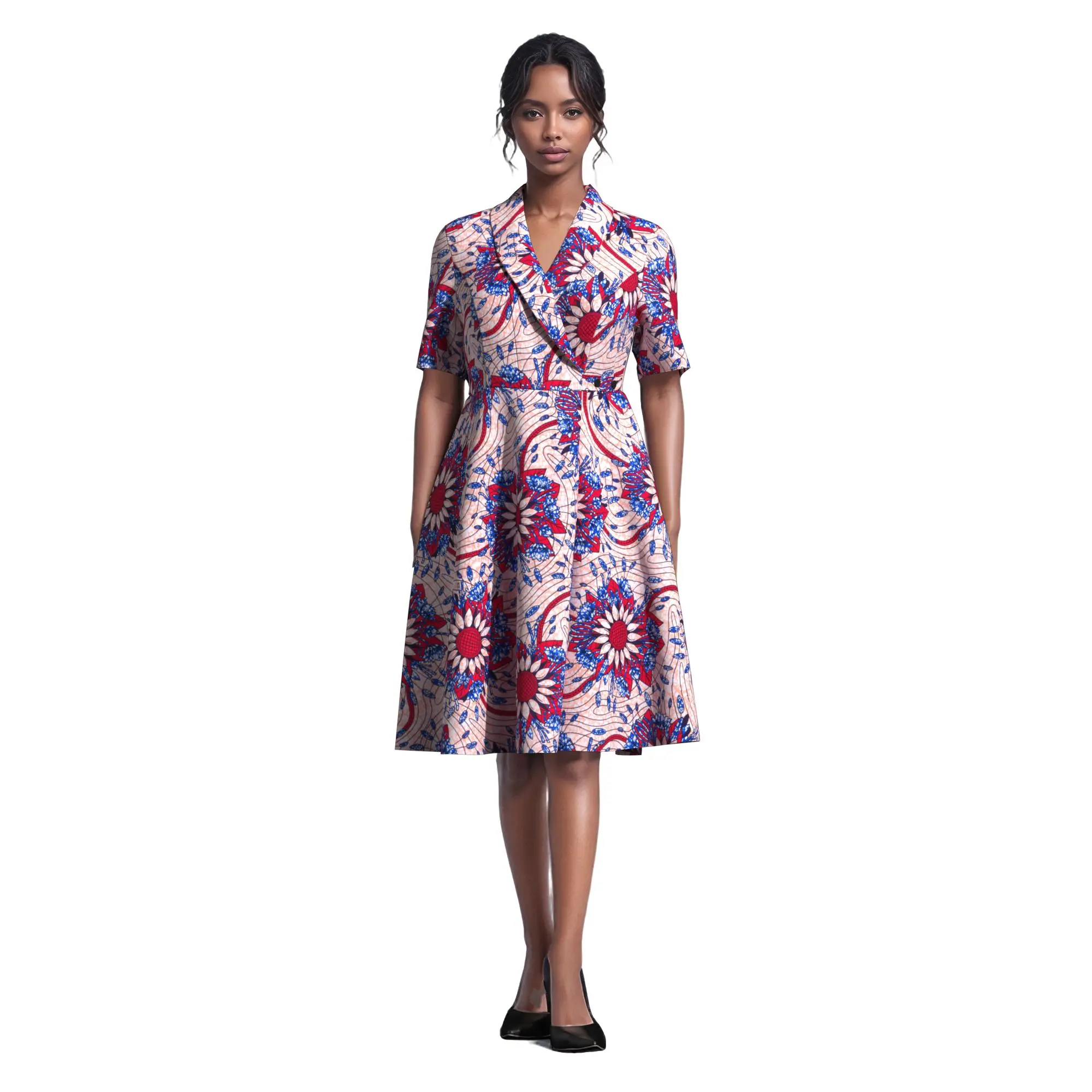 African Wax Print Midi Dress, Short Sleeve Lapel V-neck, Adjustable Waist Button, Vibrant Floral A-line Dress  WY10606